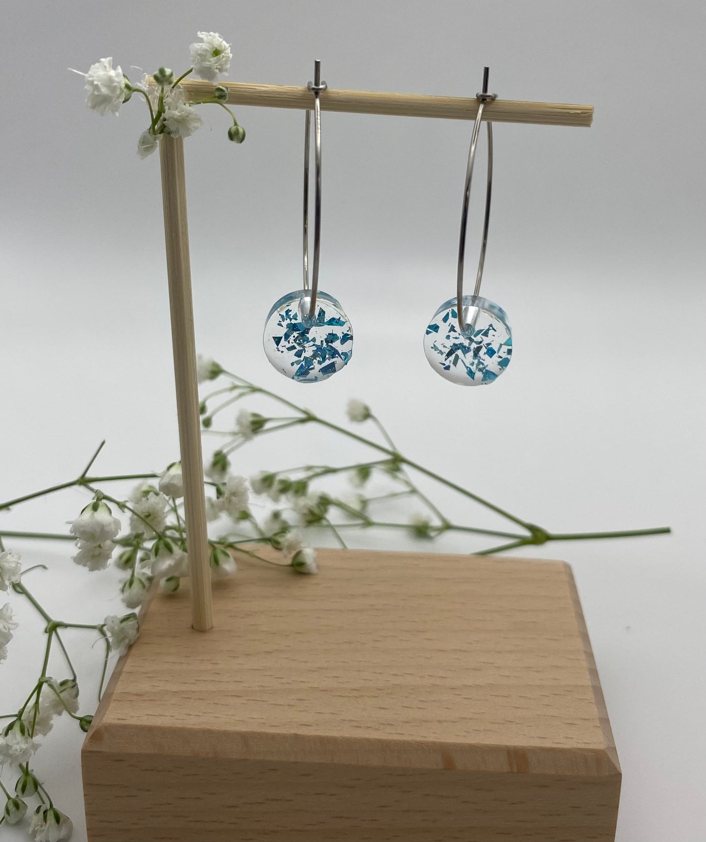 Blue Sparkle Small Disk on Medium Silver Hoop