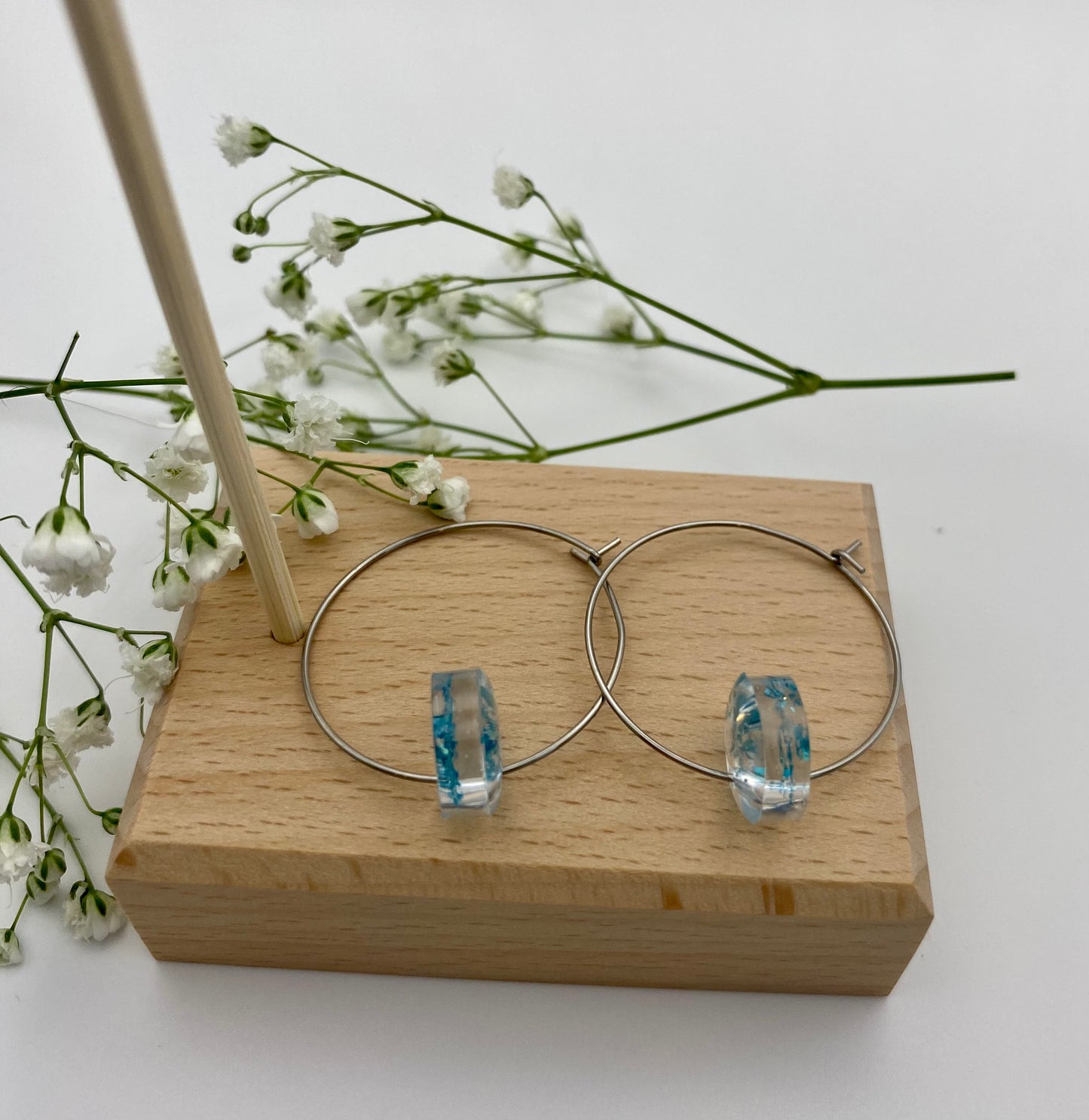 Blue Sparkle Small Disk on Medium Silver Hoop