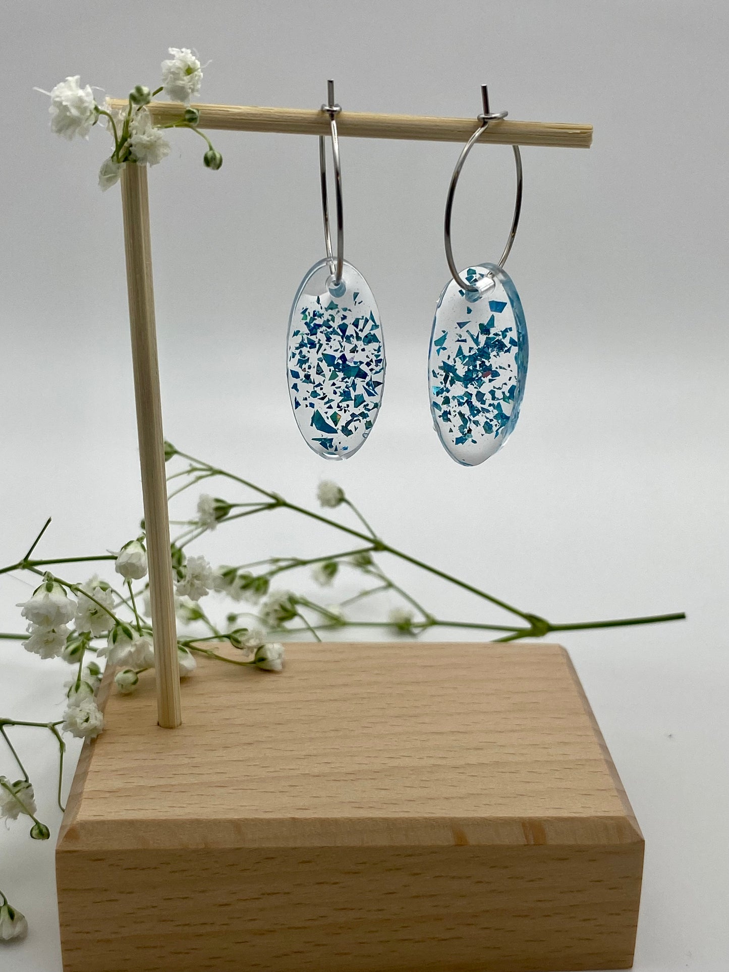 Blue Sparkle Medium Oval on Small Silver Hoop