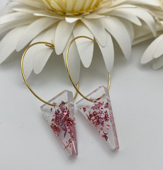 Pink Sparkle Medium Reverse Triangle on Medium Gold Hoop