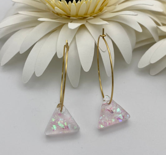 Pink Iridescent Small Triangle on Medium Gold Hoop