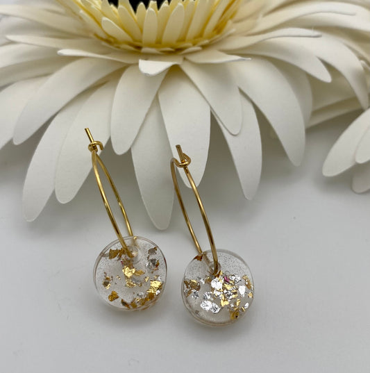 Resin Gold and Silver Foil Small Disk on Small Gold Hoop