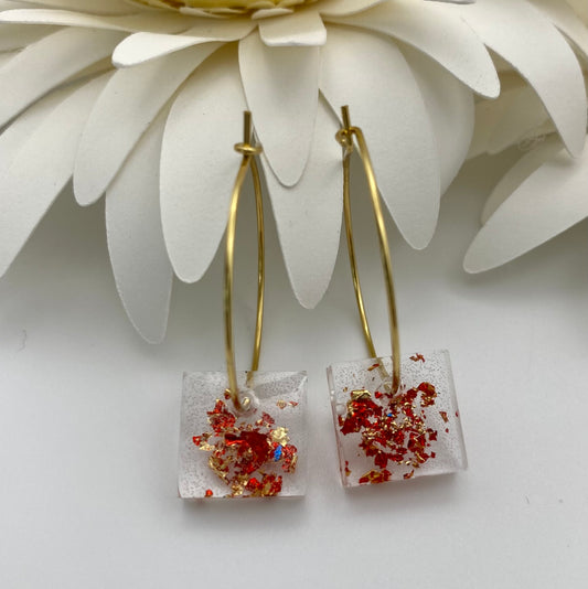 Red and Gold Sparkle Small Squares on Medium Gold Hoop
