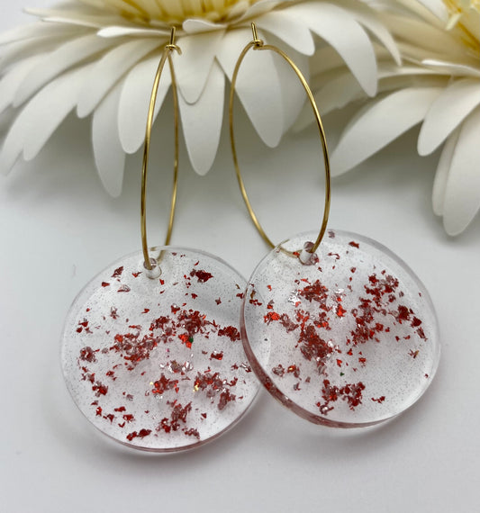 Resin Red and Gold Sparkle Large Disk on Large Gold Hoop