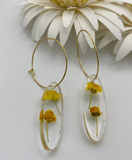 Yellow Flowers in Medium Oval on Medium Gold Hoop