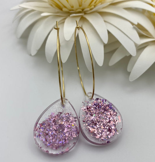 Pink Sparkle Medium Teardrop on Large Gold Hoop