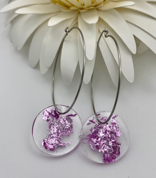 Pink Foil Medium Disk on Large Silver Hoop