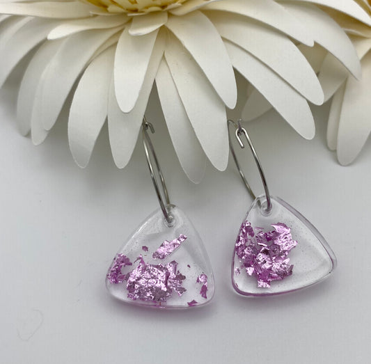 Pink Foil Large Triangle on Small Silver Hoop