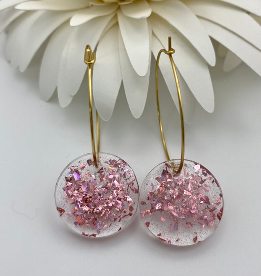Resin Pink Sparkle Medium Disk on Medium Gold Hoop