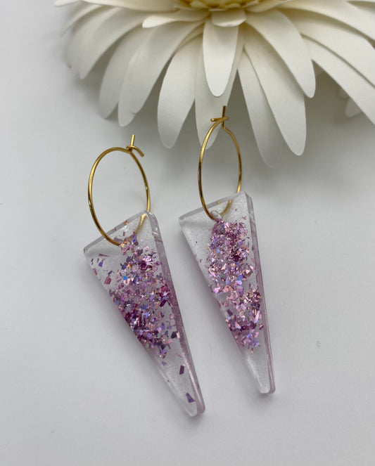 Pink Sparkle Long Reverse Triangle on Small Gold Hoop