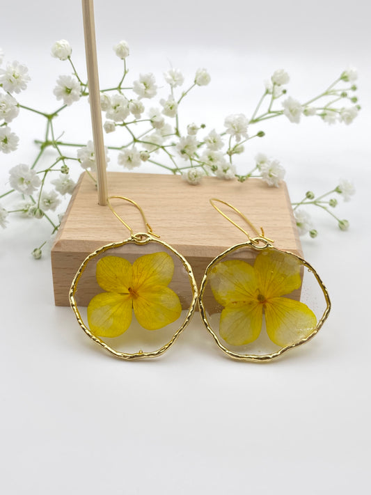 Hammered Large Gold Large Yellow Flower on Gold Kidney Wire