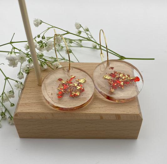 Resin Red and Gold Foil Large Disk on Medium Gold Hoop