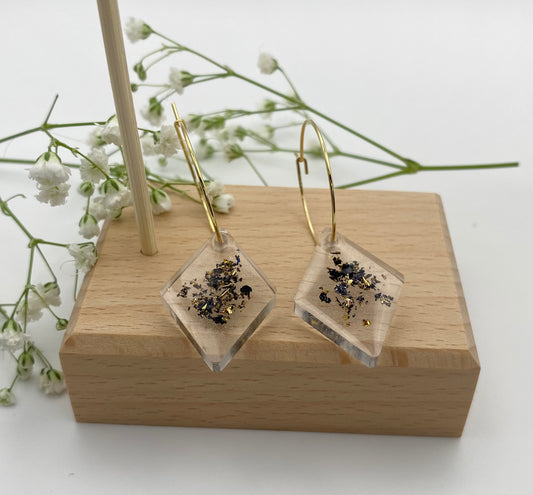 Resin Black and Gold Foil Diamond on Medium Gold Hoop