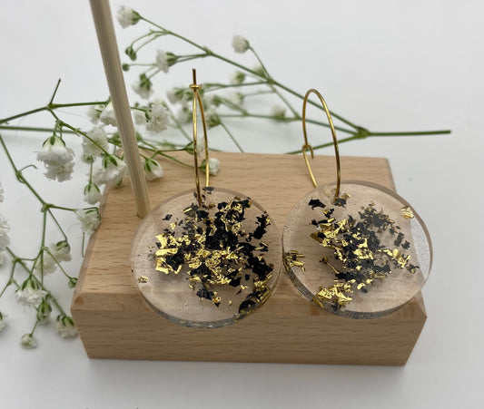 Resin Black and Gold Foil Large Disk on Medium Gold Hoop
