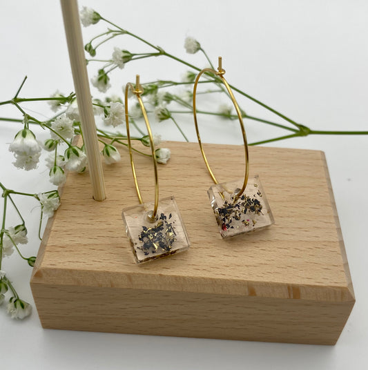 Resin Black and Gold Sparkle Small Square on Medium Gold Hoop